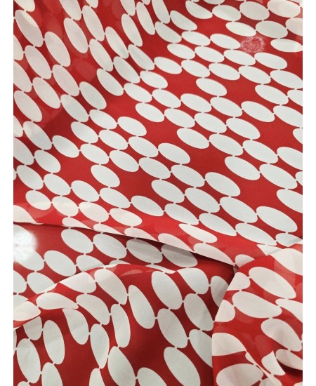 Chiffon Estampado Fundo vermelho vivo com formas ovais/brancas
