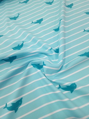 Malha Jersey 95% Algodão 5%Elastano Estampado Golfinhos Azul