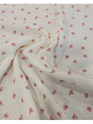 Malha Waffle Algodão estampado floral miúdo base pérola