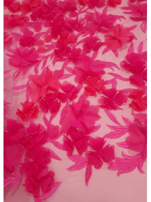 Renda em Tule Bordado Com Flores 3D Rosa Choque