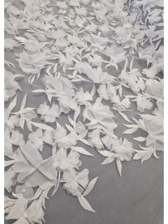Renda em Tule Bordado Com Flores 3D Branco