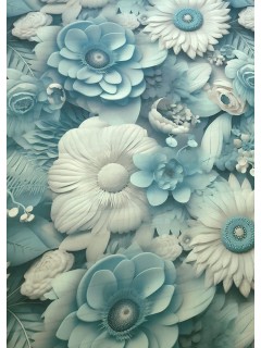 Seda 100% Poliéster Estampado Floral 3D Azul/Branco